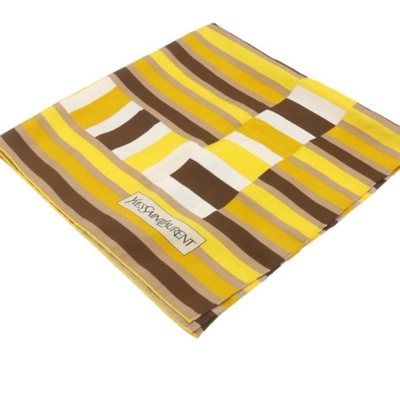 YSL Yves Saint Laurent Yellow Striped Scarf 30”x30” - Picture 4 of 11
